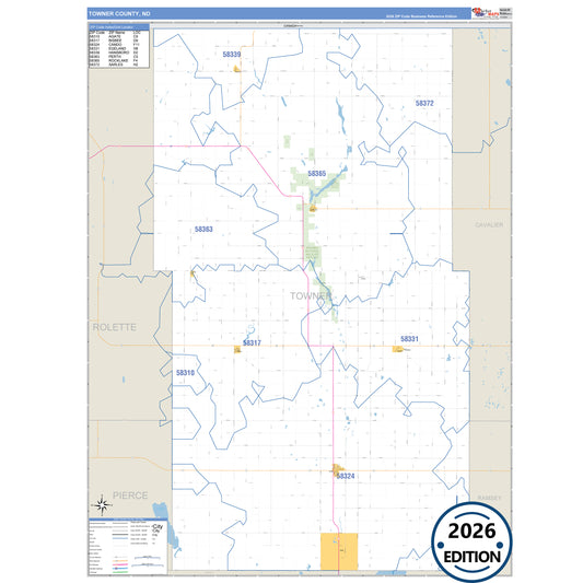 Towner County, ND Business Reference 5 Digit ZIP Code Wall Map