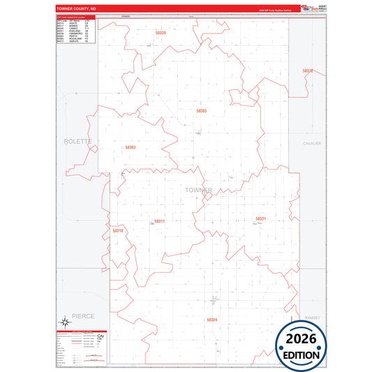 Towner County, ND Red Line 5 Digit ZIP Code Wall Map