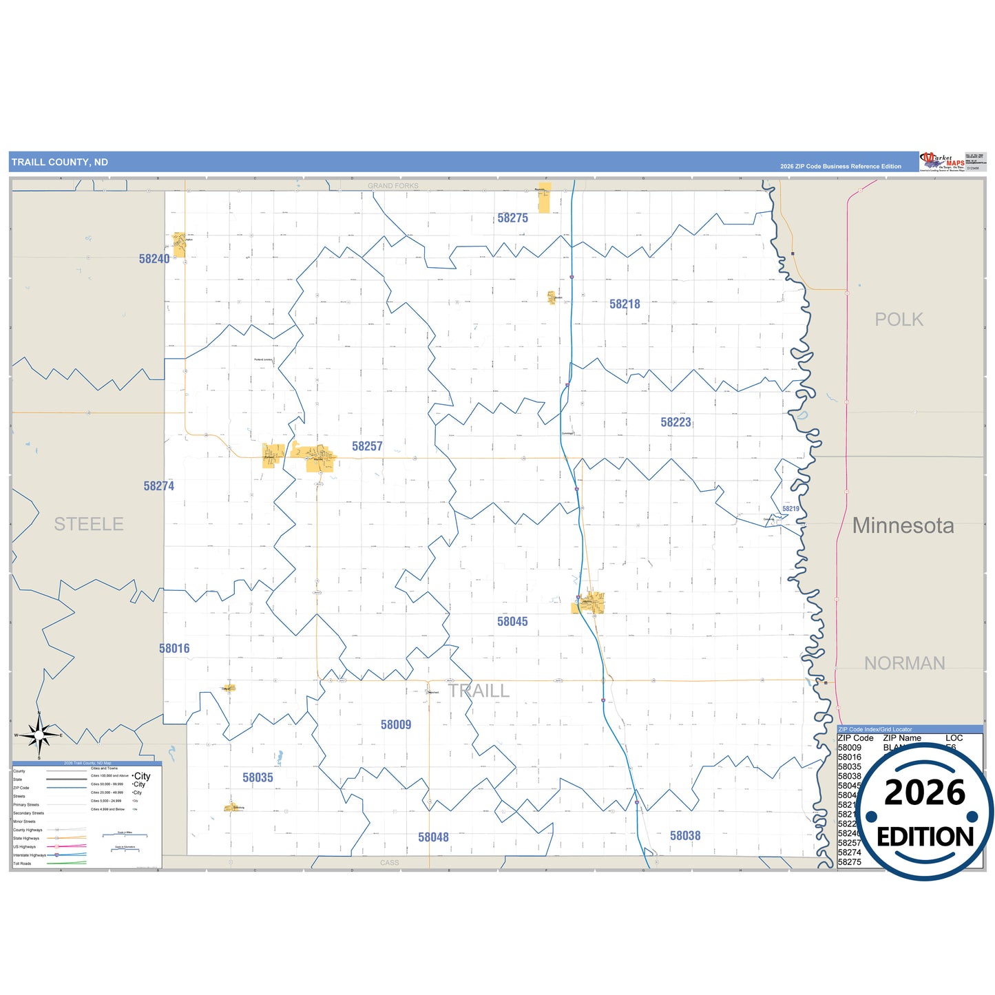 Traill County, ND Business Reference 5 Digit ZIP Code Wall Map