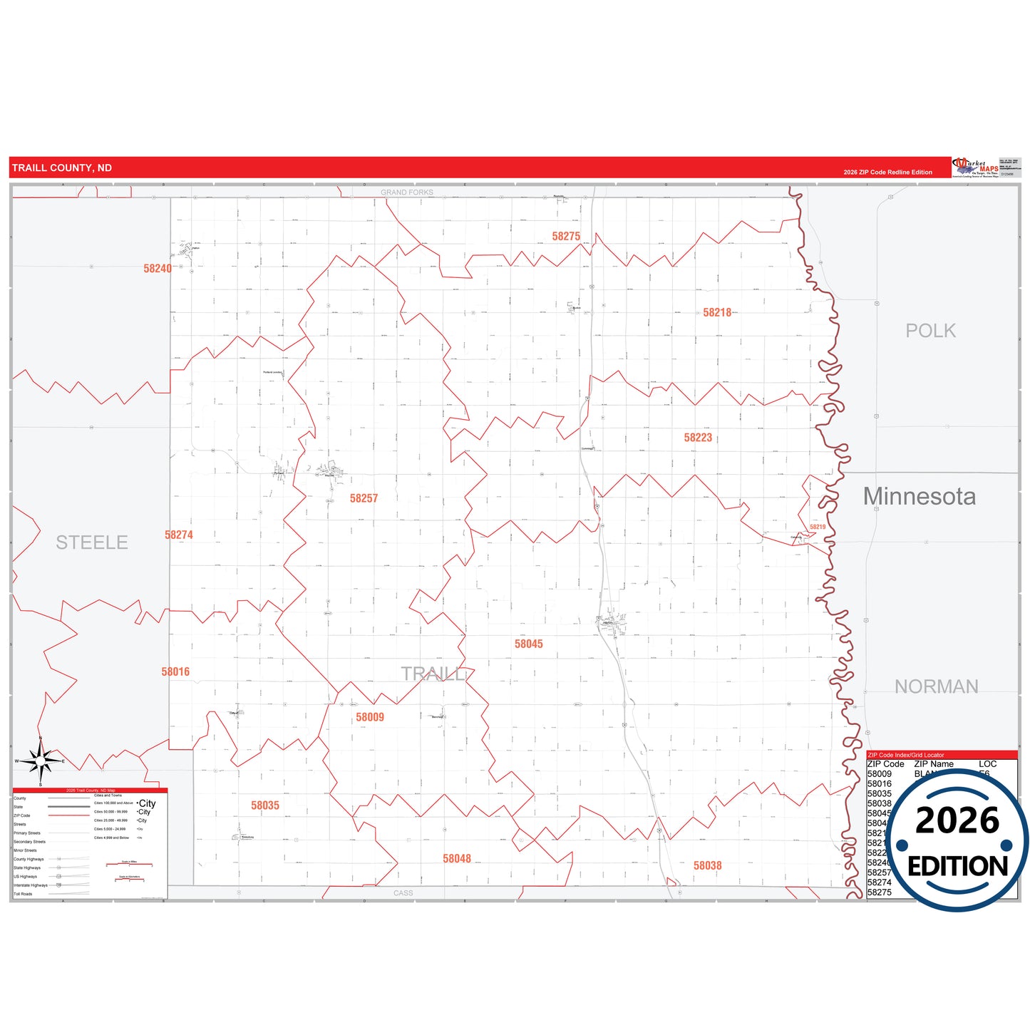 Traill County, ND Red Line 5 Digit ZIP Code Wall Map