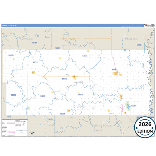 Walsh County, ND Business Reference 5 Digit ZIP Code Wall Map