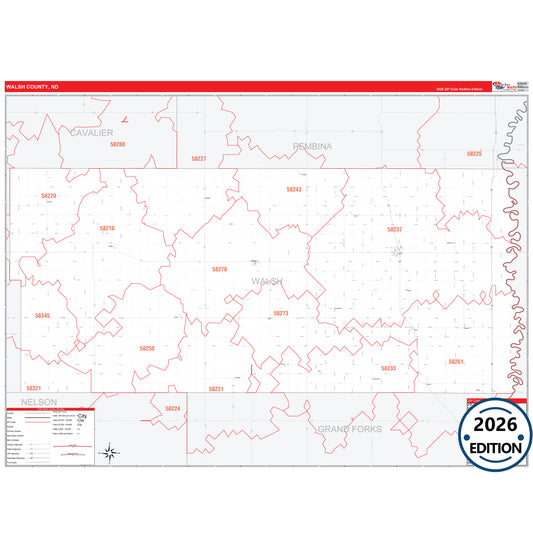 Walsh County, ND Red Line 5 Digit ZIP Code Wall Map