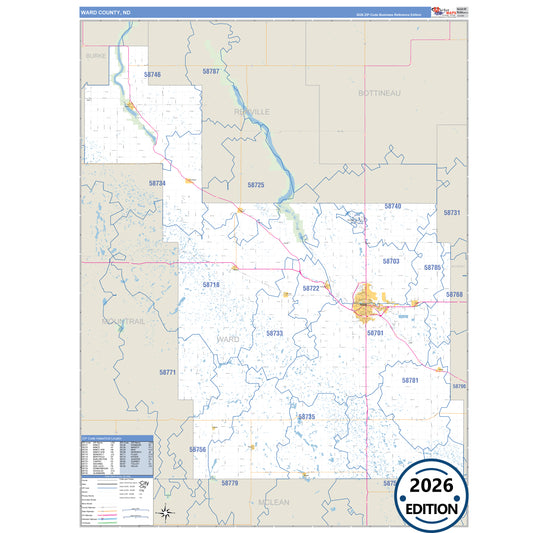 Ward County, ND Business Reference 5 Digit ZIP Code Wall Map
