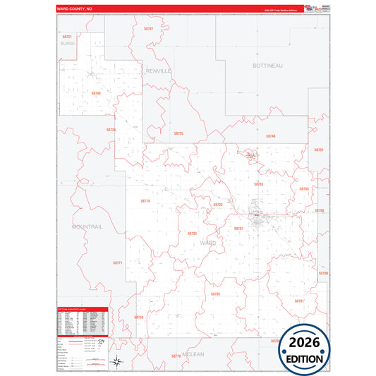Ward County, ND Red Line 5 Digit ZIP Code Wall Map