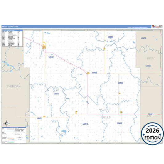 Wells County, ND Business Reference 5 Digit ZIP Code Wall Map