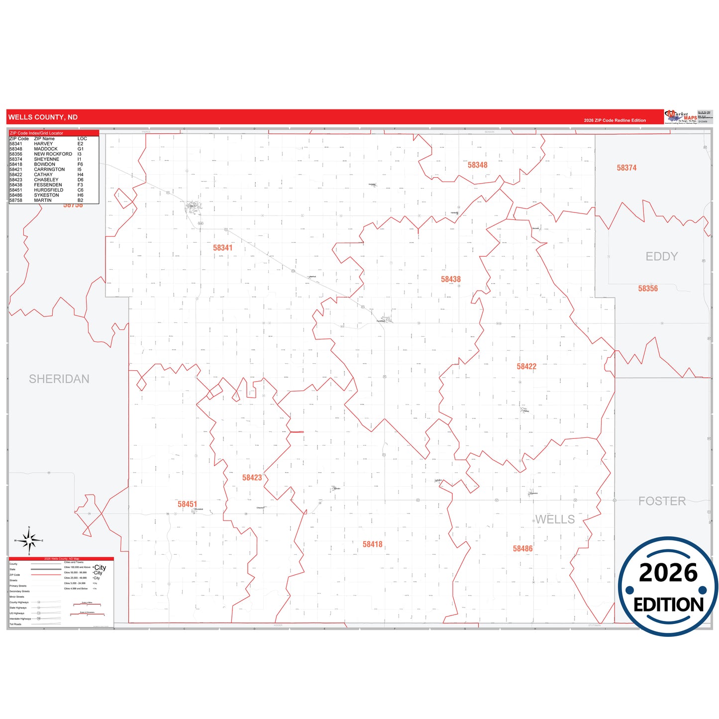 Wells County, ND Red Line 5 Digit ZIP Code Wall Map