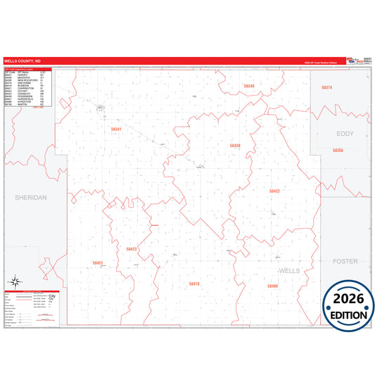 Wells County, ND Red Line 5 Digit ZIP Code Wall Map