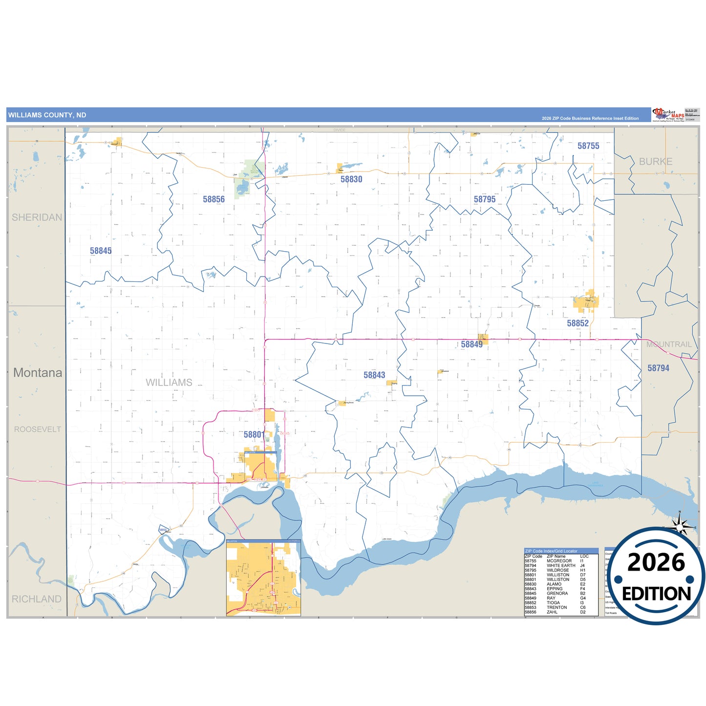Williams County, ND Business Reference 5 Digit ZIP Code Wall Map