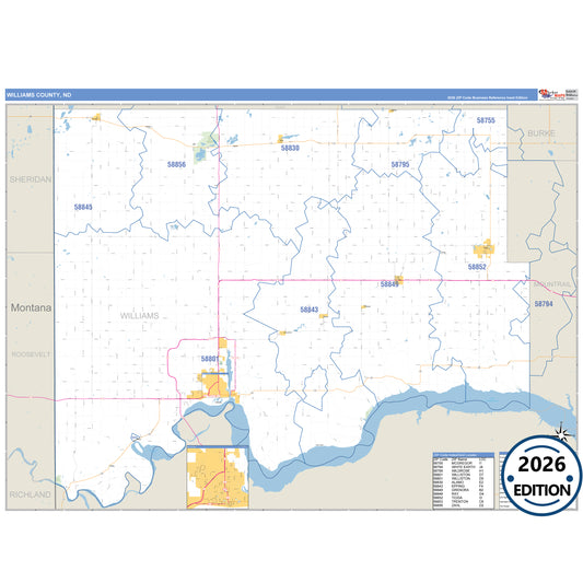 Williams County, ND Business Reference 5 Digit ZIP Code Wall Map