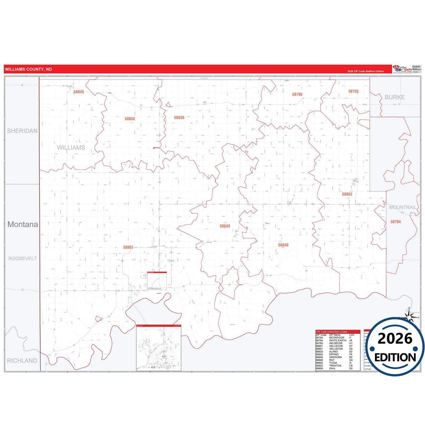 Williams County, ND Red Line 5 Digit ZIP Code Wall Map