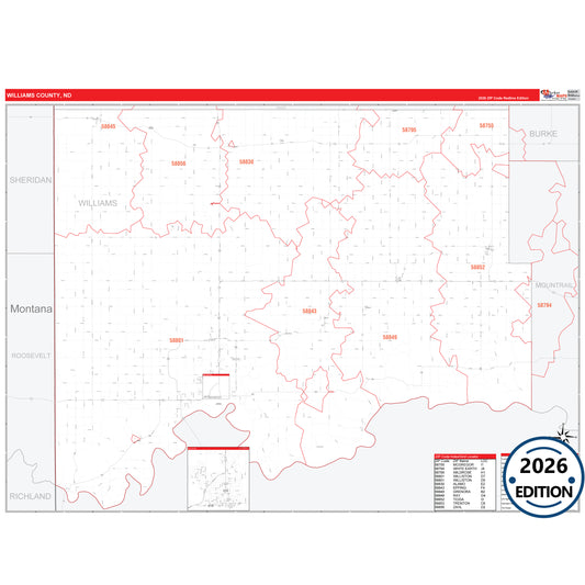 Williams County, ND Red Line 5 Digit ZIP Code Wall Map