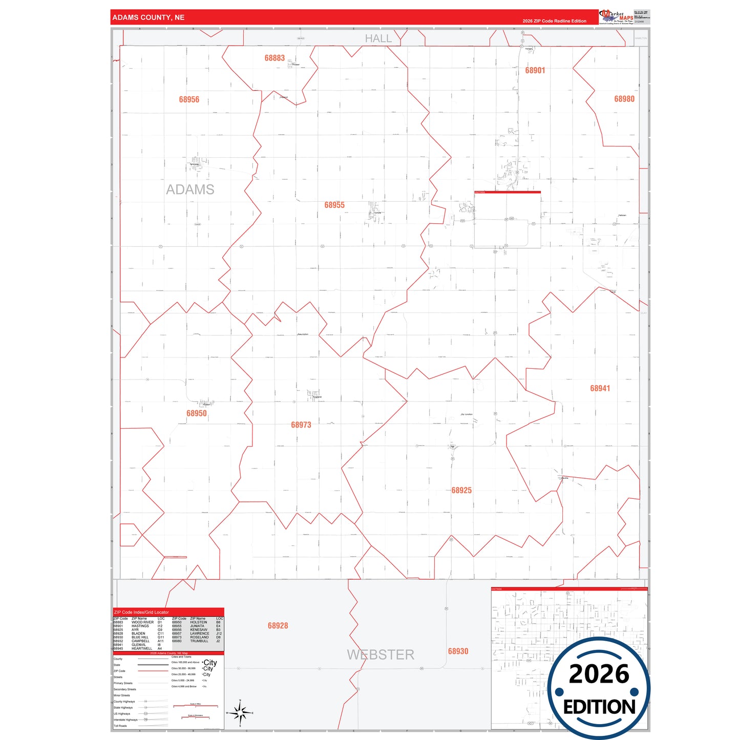Adams County, NE Red Line 5 Digit ZIP Code Wall Map