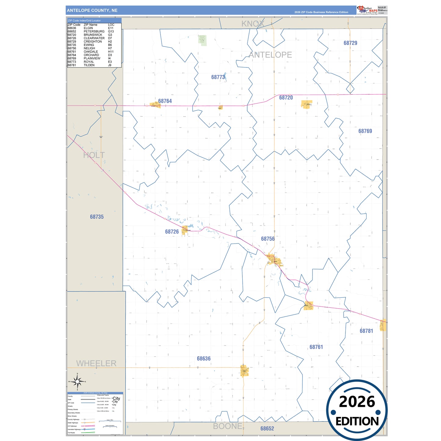 Antelope County, NE Business Reference 5 Digit ZIP Code Wall Map