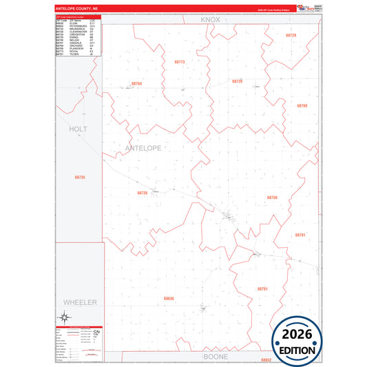 Antelope County, NE Red Line 5 Digit ZIP Code Wall Map