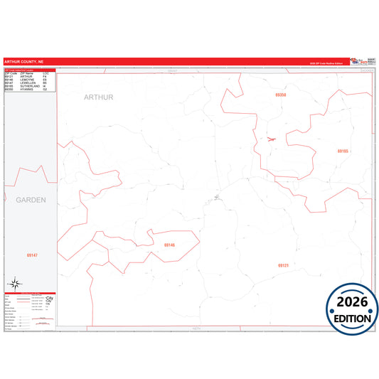 Arthur County, NE Red Line 5 Digit ZIP Code Wall Map
