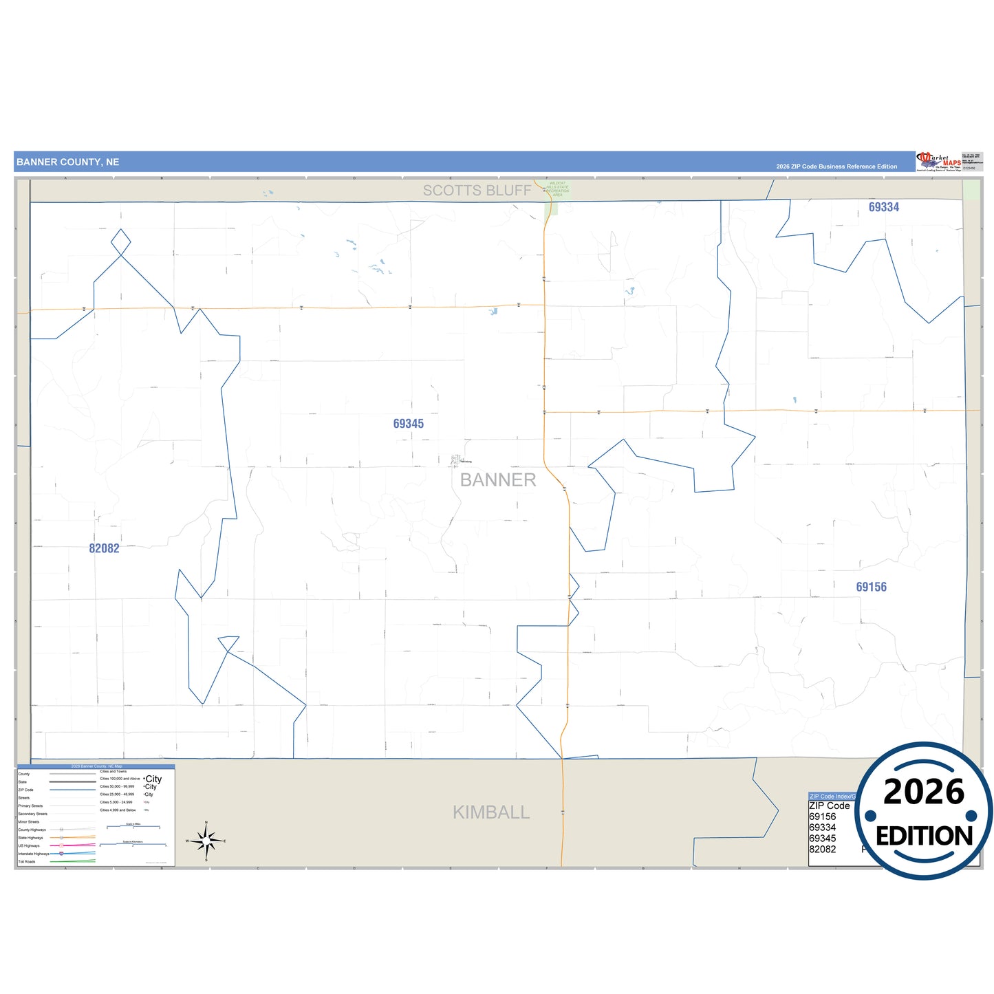 Banner County, NE Business Reference 5 Digit ZIP Code Wall Map