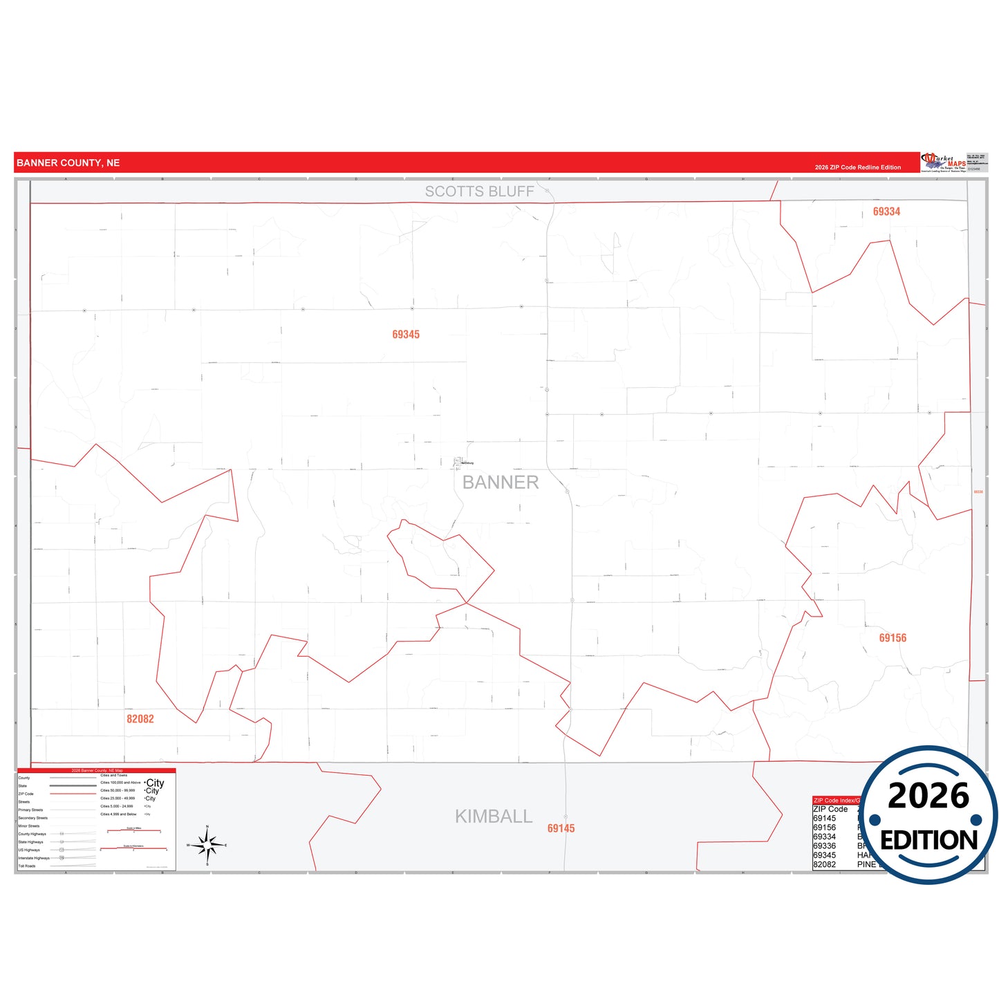 Banner County, NE Red Line 5 Digit ZIP Code Wall Map