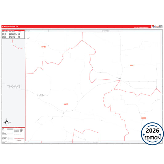 Blaine County, NE Red Line 5 Digit ZIP Code Wall Map