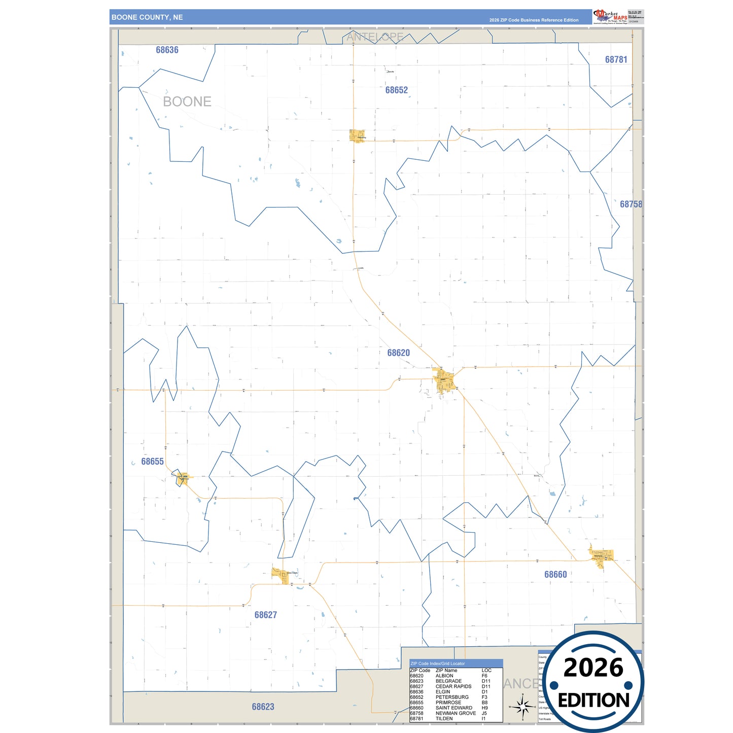 Boone County, NE Business Reference 5 Digit ZIP Code Wall Map