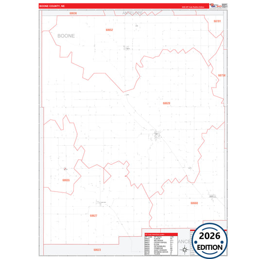 Boone County, NE Red Line 5 Digit ZIP Code Wall Map
