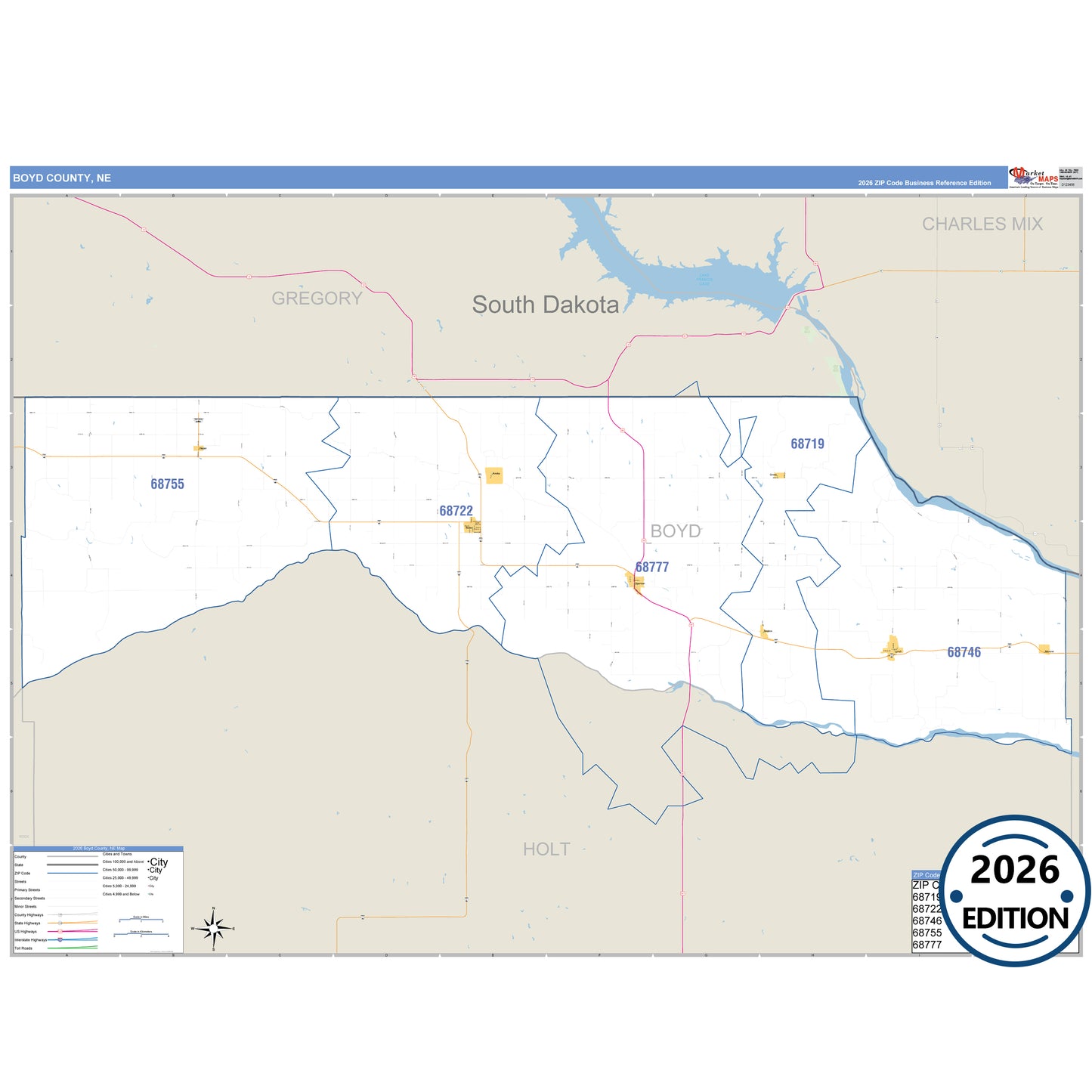 Boyd County, NE Business Reference 5 Digit ZIP Code Wall Map