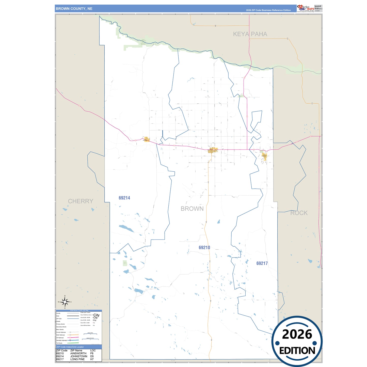 Brown County, NE Business Reference 5 Digit ZIP Code Wall Map