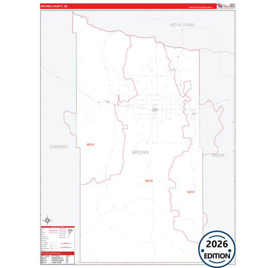 Brown County, NE Red Line 5 Digit ZIP Code Wall Map