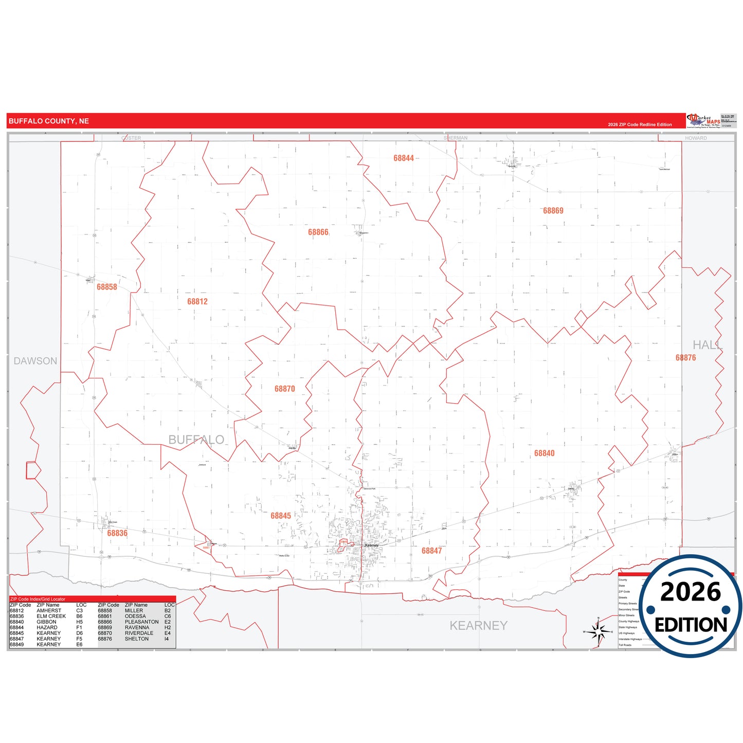 Buffalo County, NE Red Line 5 Digit ZIP Code Wall Map