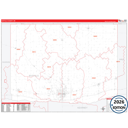 Buffalo County, NE Red Line 5 Digit ZIP Code Wall Map