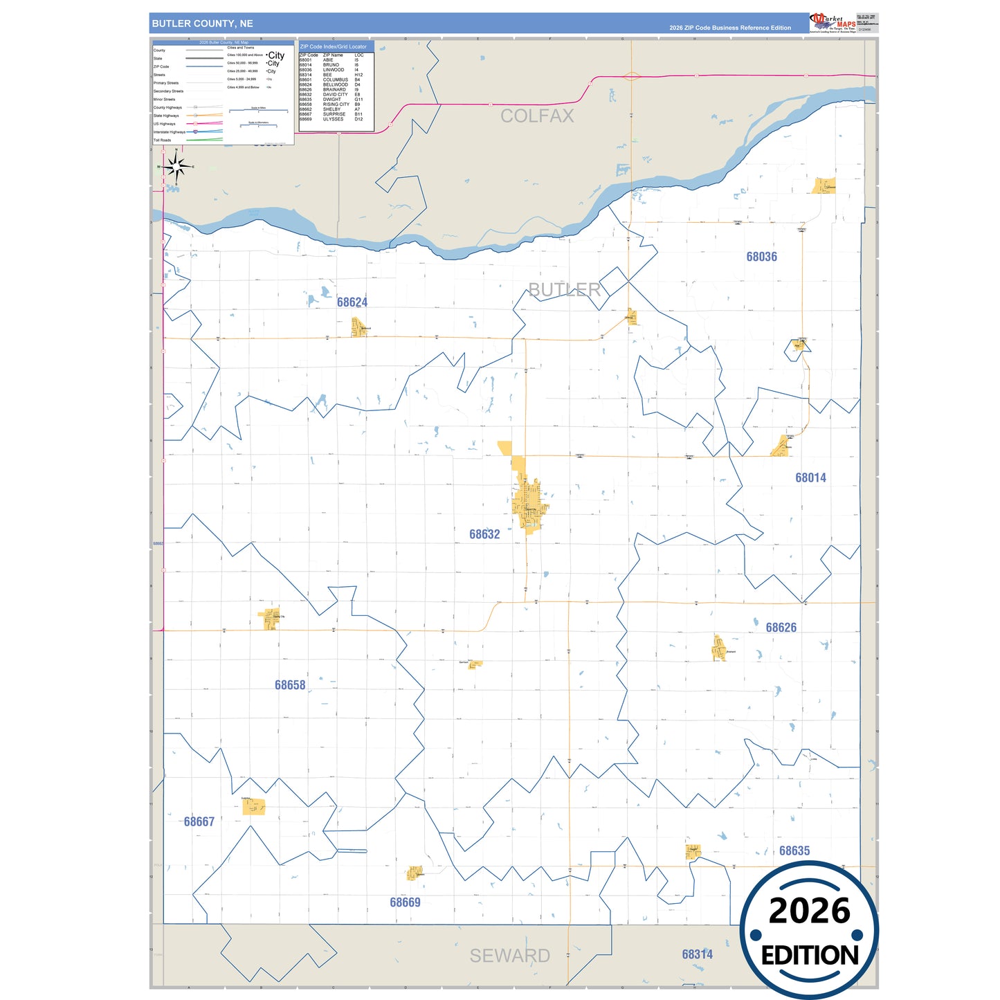 Butler County, NE Business Reference 5 Digit ZIP Code Wall Map
