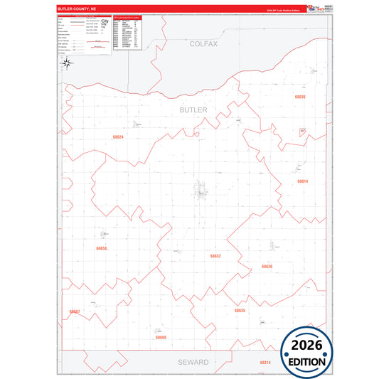 Butler County, NE Red Line 5 Digit ZIP Code Wall Map