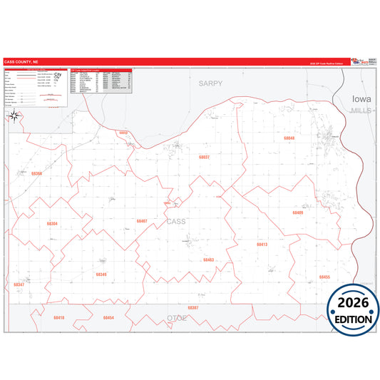 Cass County, NE Red Line 5 Digit ZIP Code Wall Map