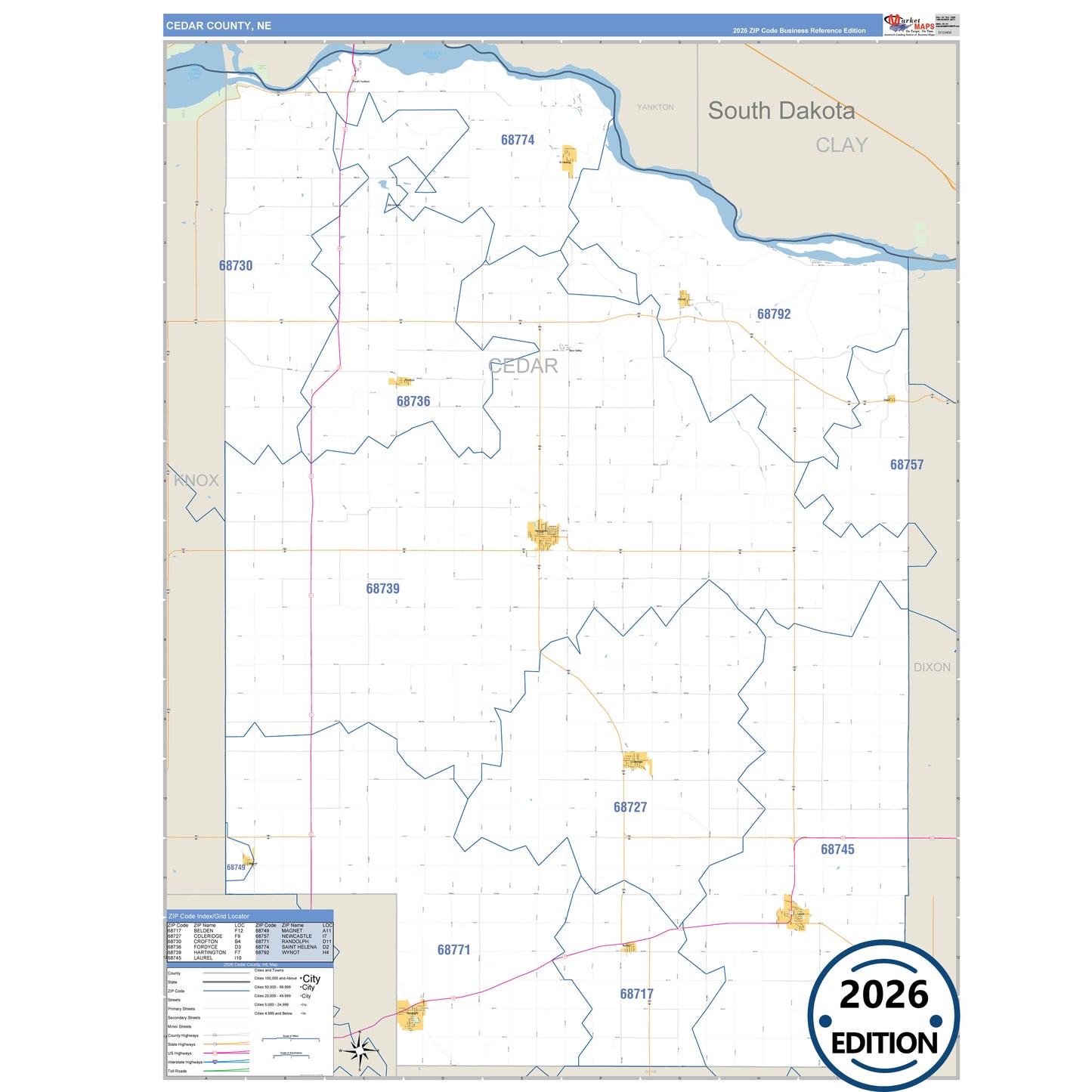 Cedar County, NE Business Reference 5 Digit ZIP Code Wall Map