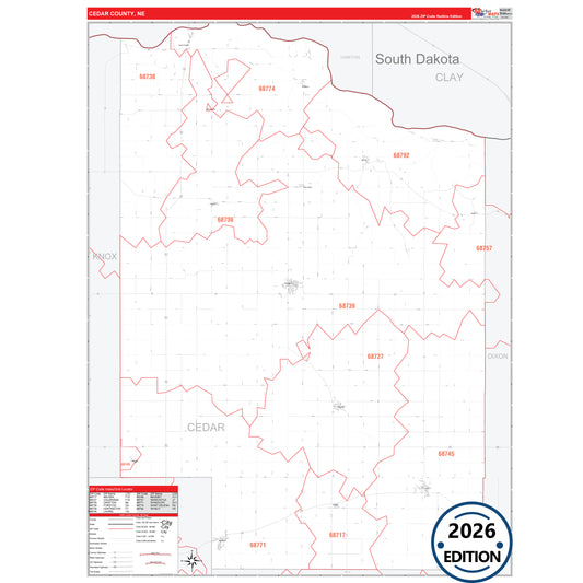 Cedar County, NE Red Line 5 Digit ZIP Code Wall Map