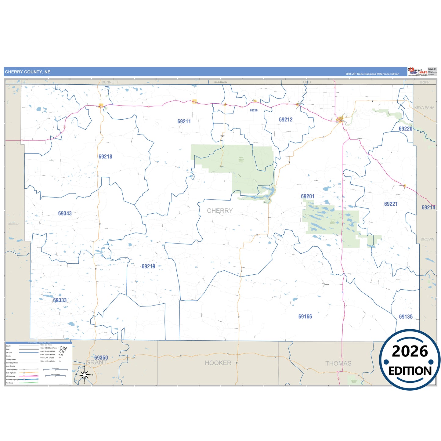 Cherry County, NE Business Reference 5 Digit ZIP Code Wall Map