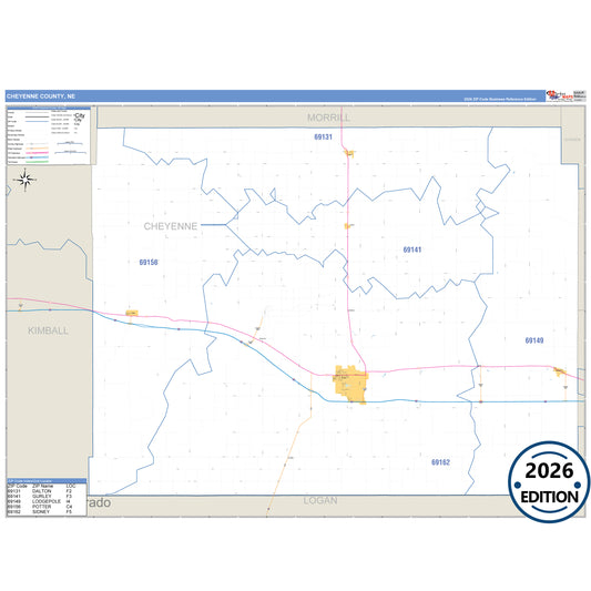 Cheyenne County, NE Business Reference 5 Digit ZIP Code Wall Map