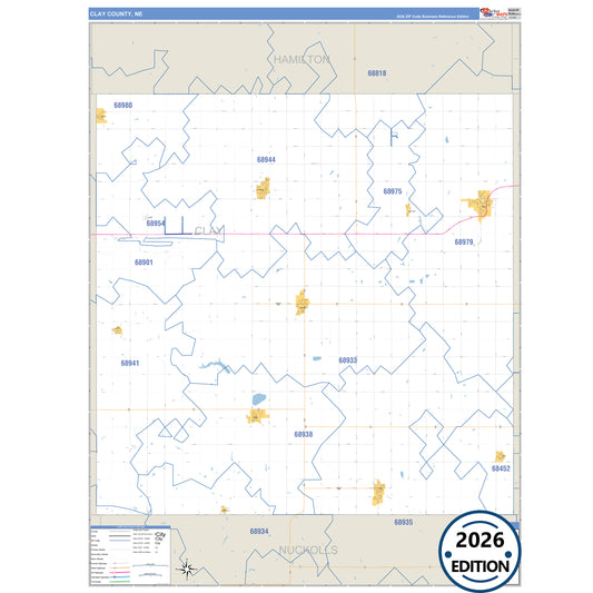 Clay County, NE Business Reference 5 Digit ZIP Code Wall Map