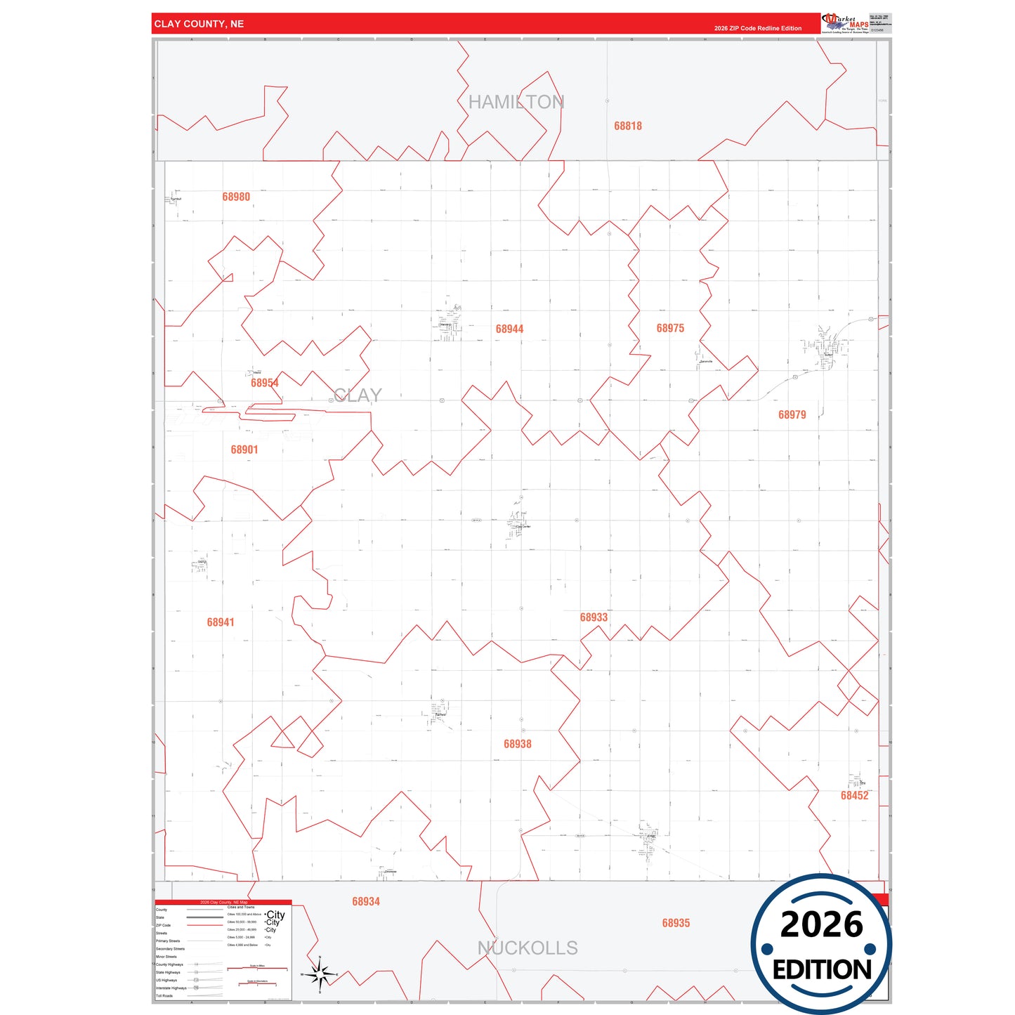 Clay County, NE Red Line 5 Digit ZIP Code Wall Map
