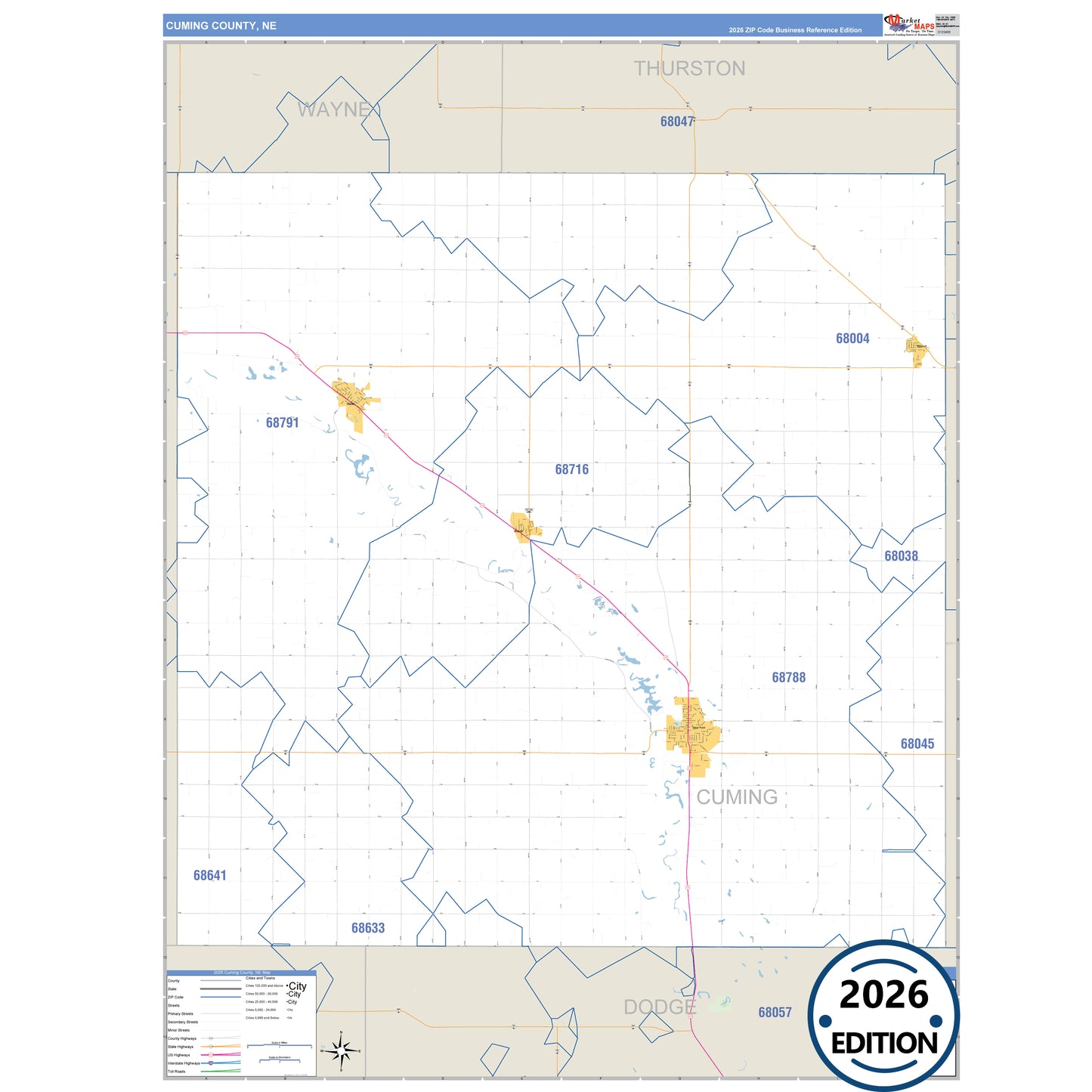 Cuming County, NE Business Reference 5 Digit ZIP Code Wall Map