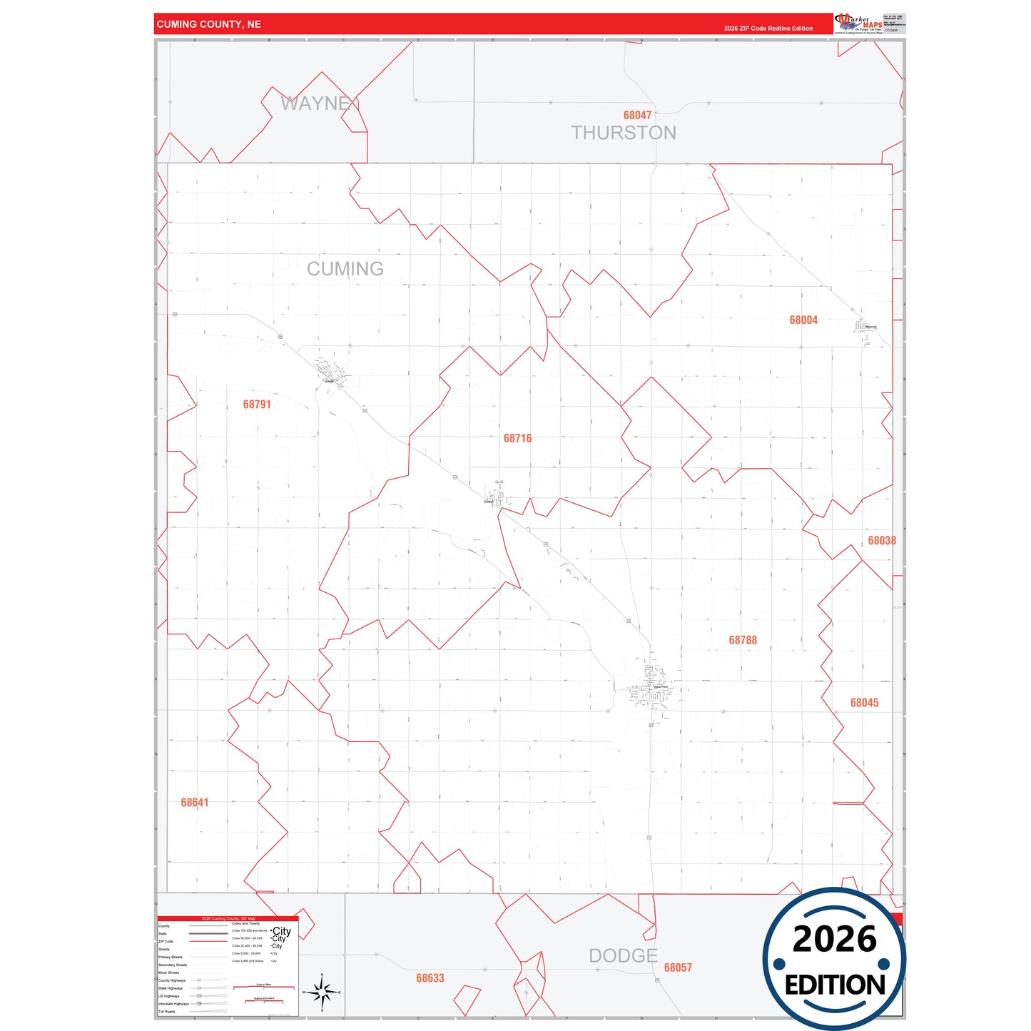 Cuming County, NE Red Line 5 Digit ZIP Code Wall Map