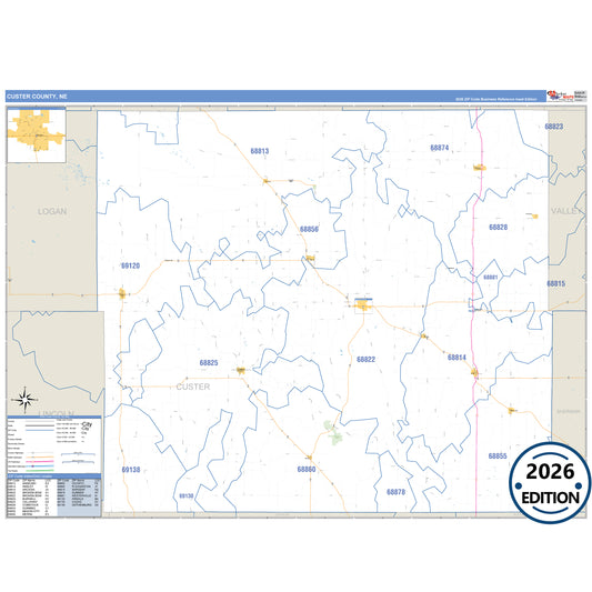 Custer County, NE Business Reference 5 Digit ZIP Code Wall Map