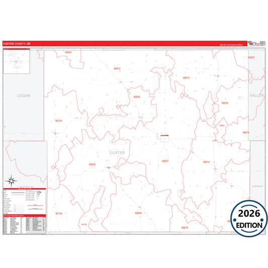 Custer County, NE Red Line 5 Digit ZIP Code Wall Map