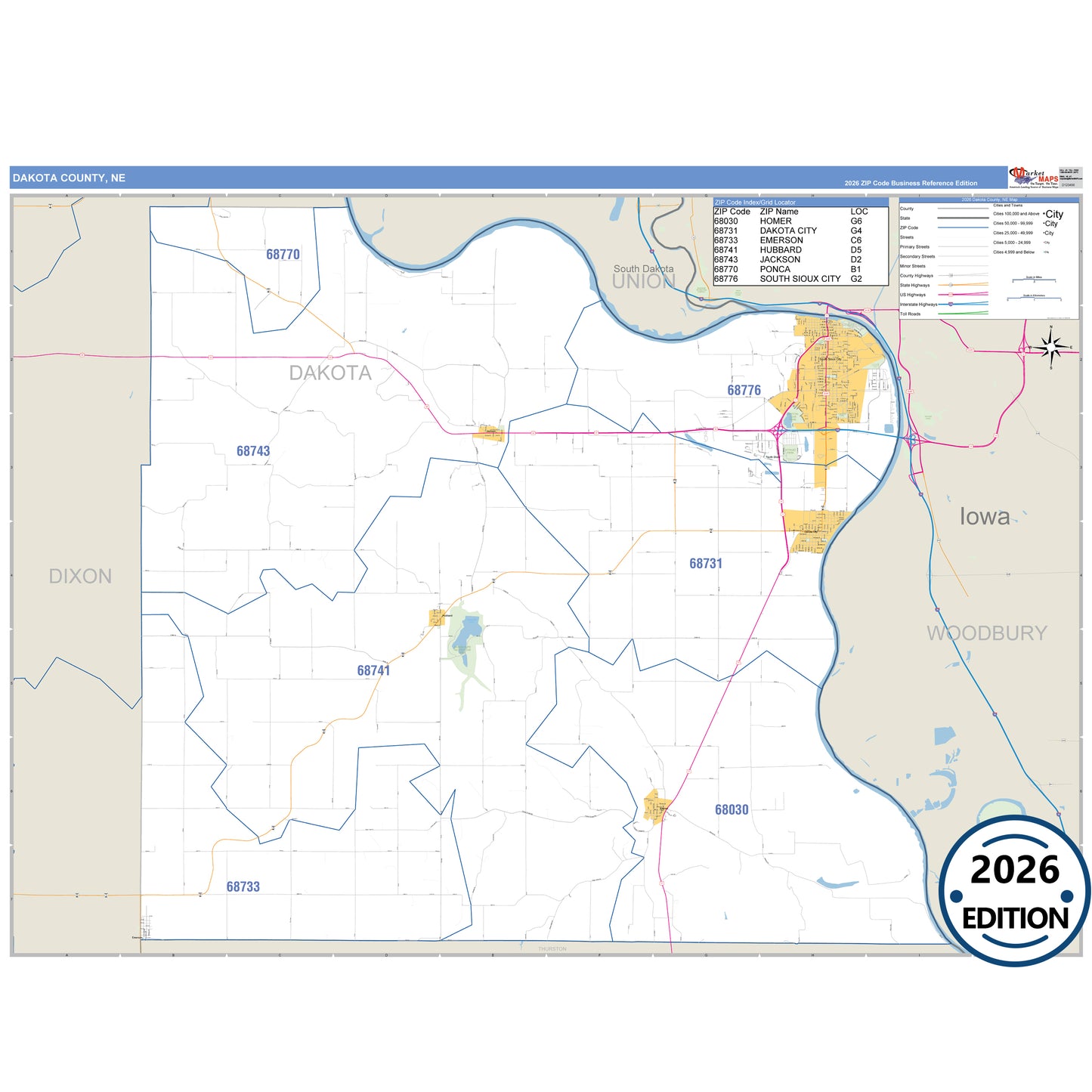 Dakota County, NE Business Reference 5 Digit ZIP Code Wall Map
