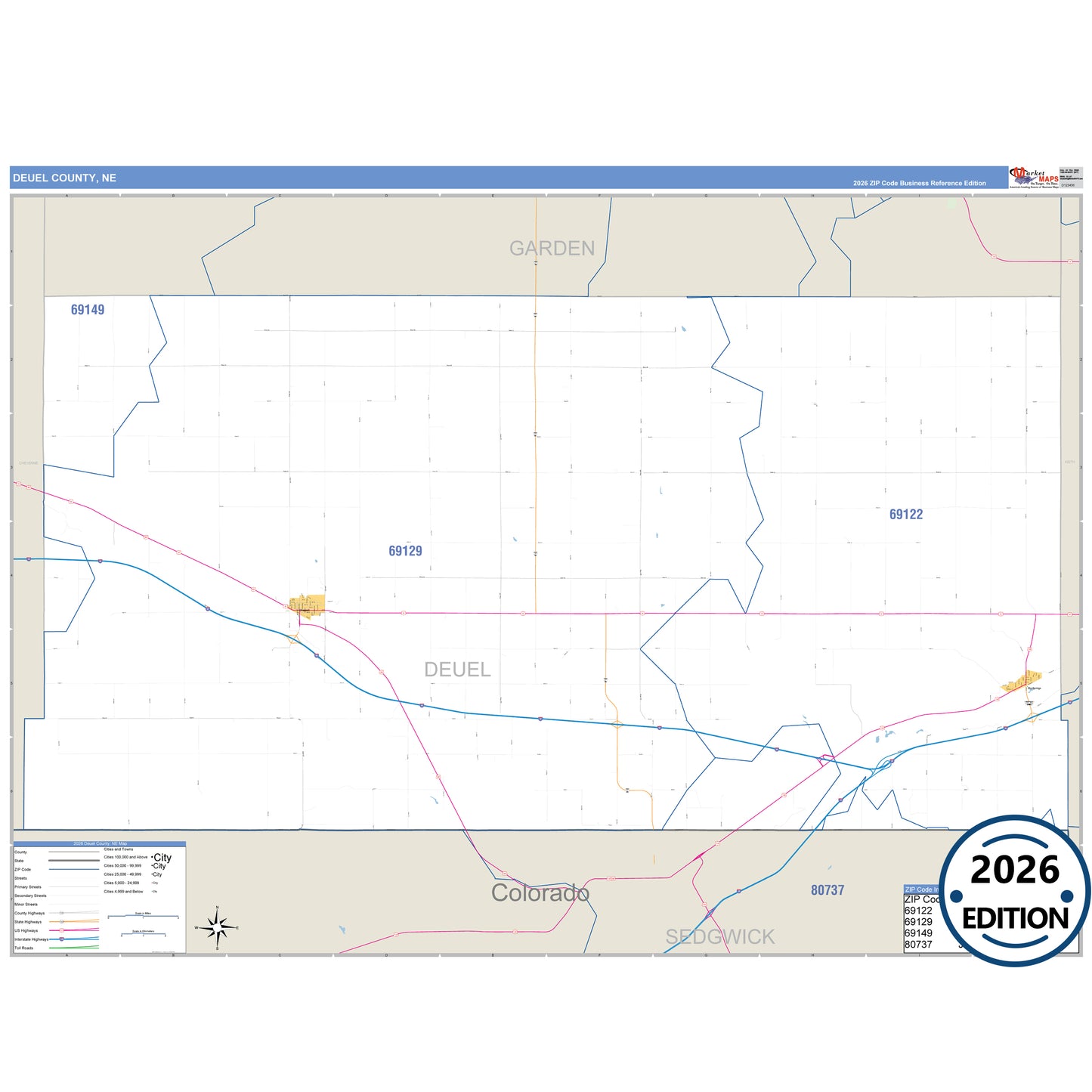 Deuel County, NE Business Reference 5 Digit ZIP Code Wall Map