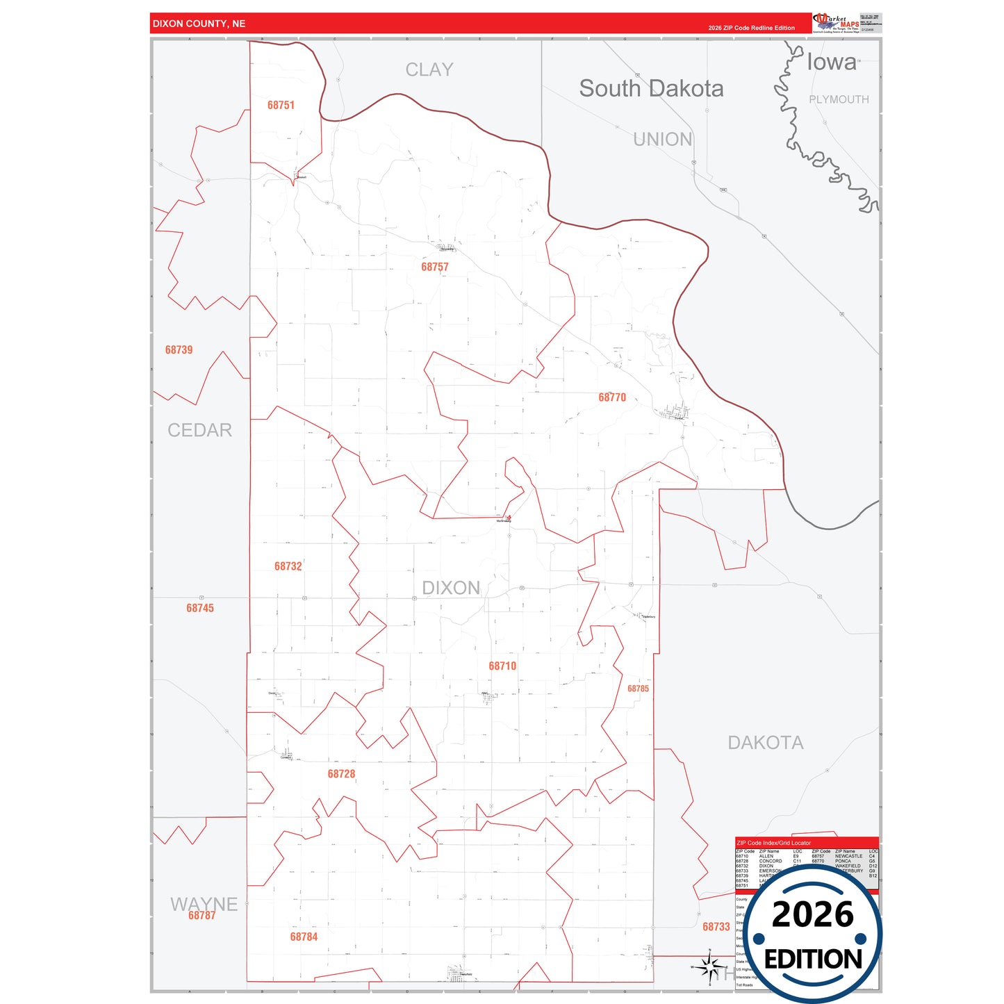 Dixon County, NE Red Line 5 Digit ZIP Code Wall Map