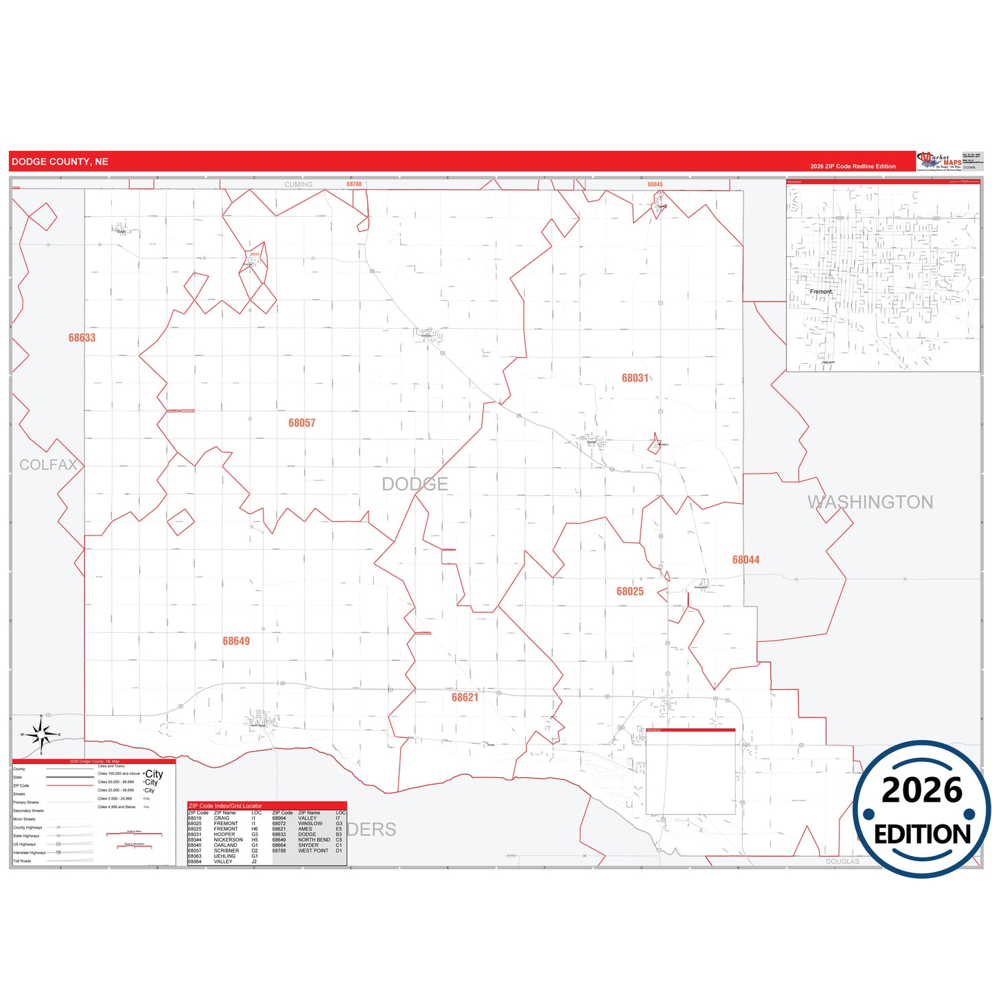 Dodge County, NE Red Line 5 Digit ZIP Code Wall Map