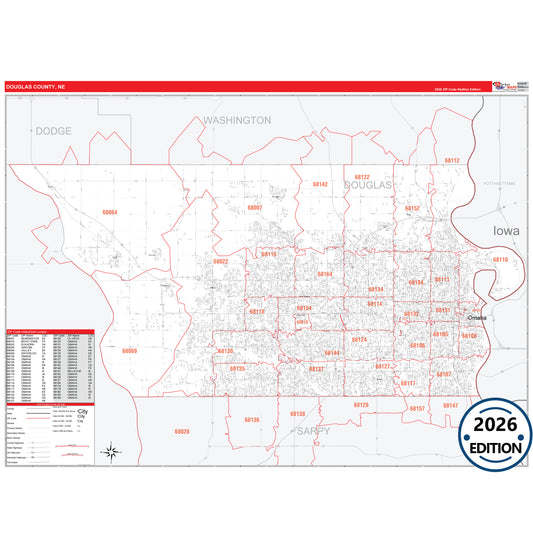 Douglas County, NE Red Line 5 Digit ZIP Code Wall Map