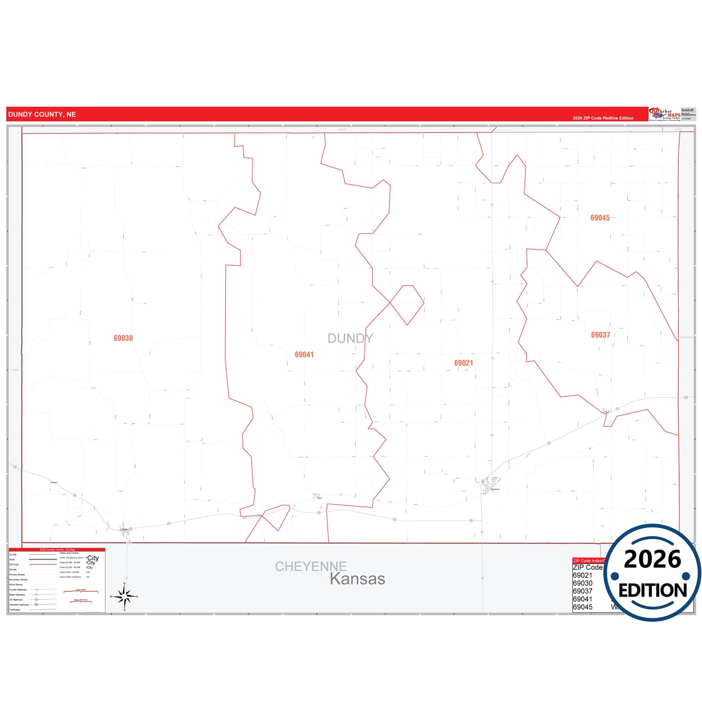 Dundy County, NE Red Line 5 Digit ZIP Code Wall Map