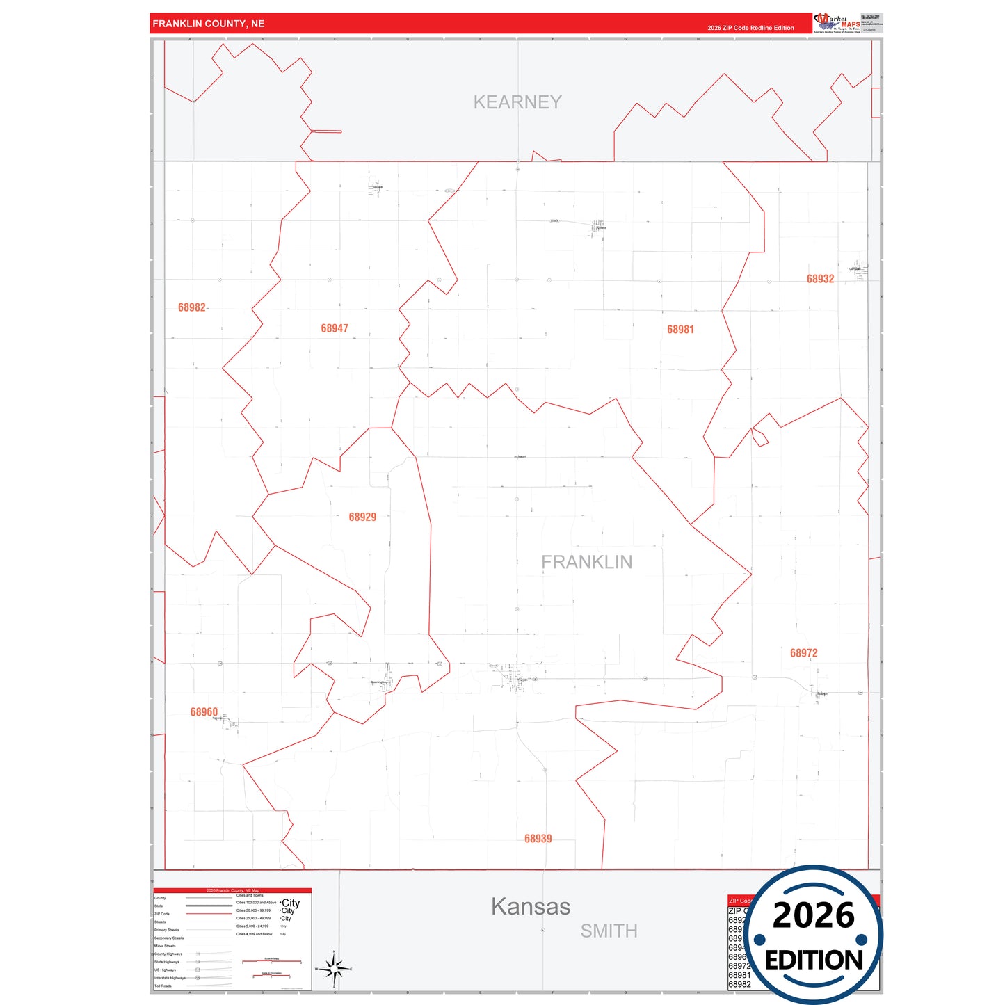Franklin County, NE Red Line 5 Digit ZIP Code Wall Map