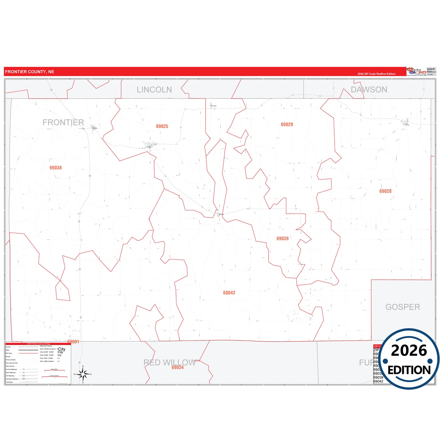 Frontier County, NE Red Line 5 Digit ZIP Code Wall Map